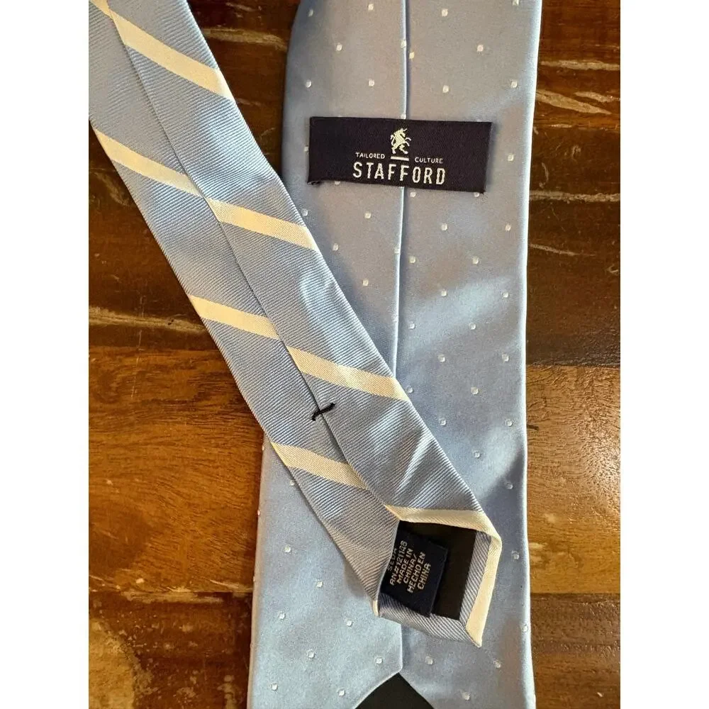 Stafford 100% Silk Tie Light Blue White Polka Dot Extra Long 62” Men’s Necktie